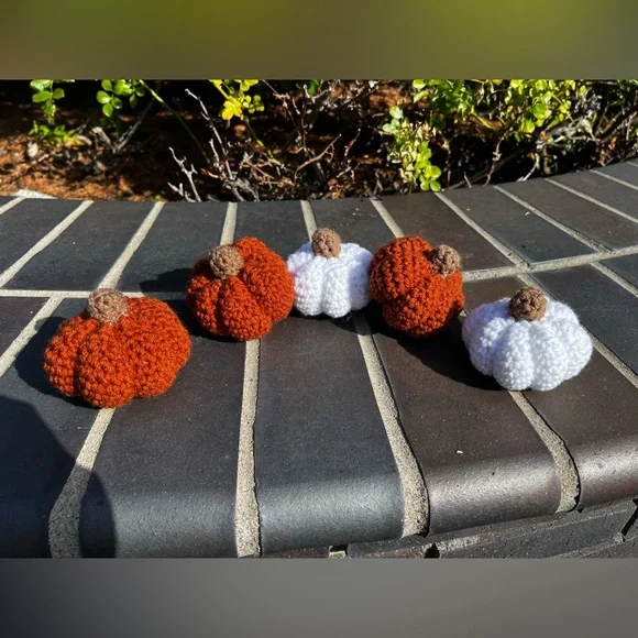 Hand Crocheted Set of 5 Rustic White & Orange Pumpkins Fall Halloween Decor! - Picture 5 of 12